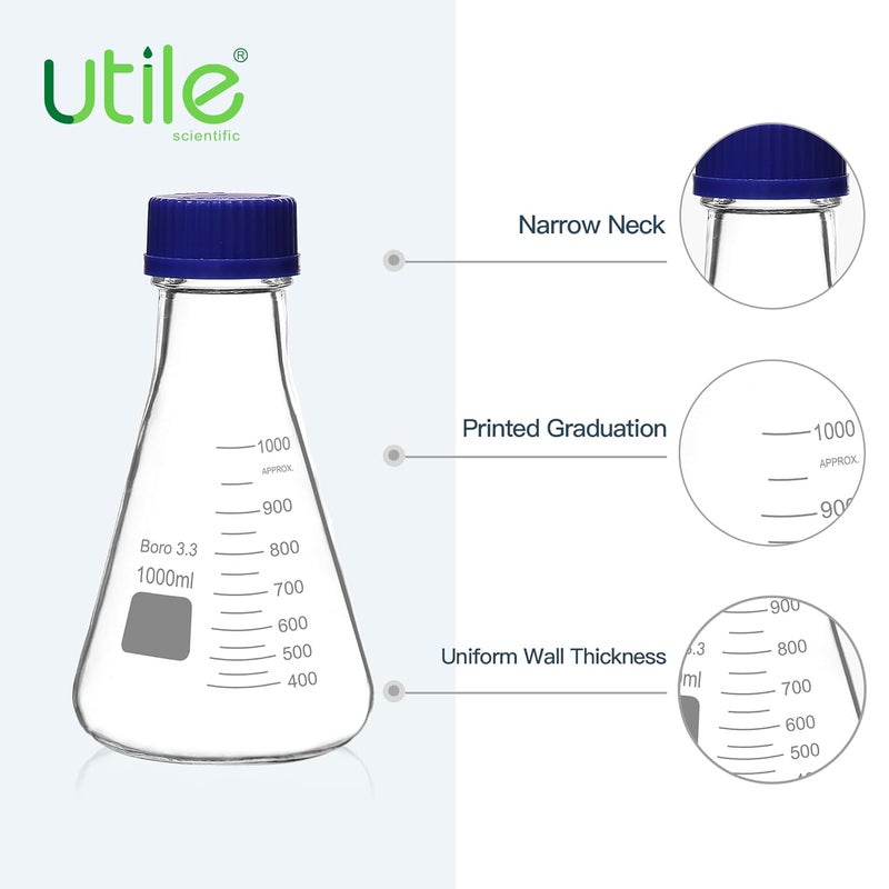 UTILE 2 Pcs 1000ml Glass Erlenmeyer Flask with Blue Cap, Narrow Mouth Erlenmeyer Flasks, Borosilicate 3.3 Glass Conical Flask for Lab Experiment Chemistry Science,4016.0781.2 - Image 4